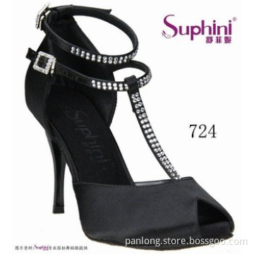 Suphini Black Satin Crystal Tango Dance Shoes